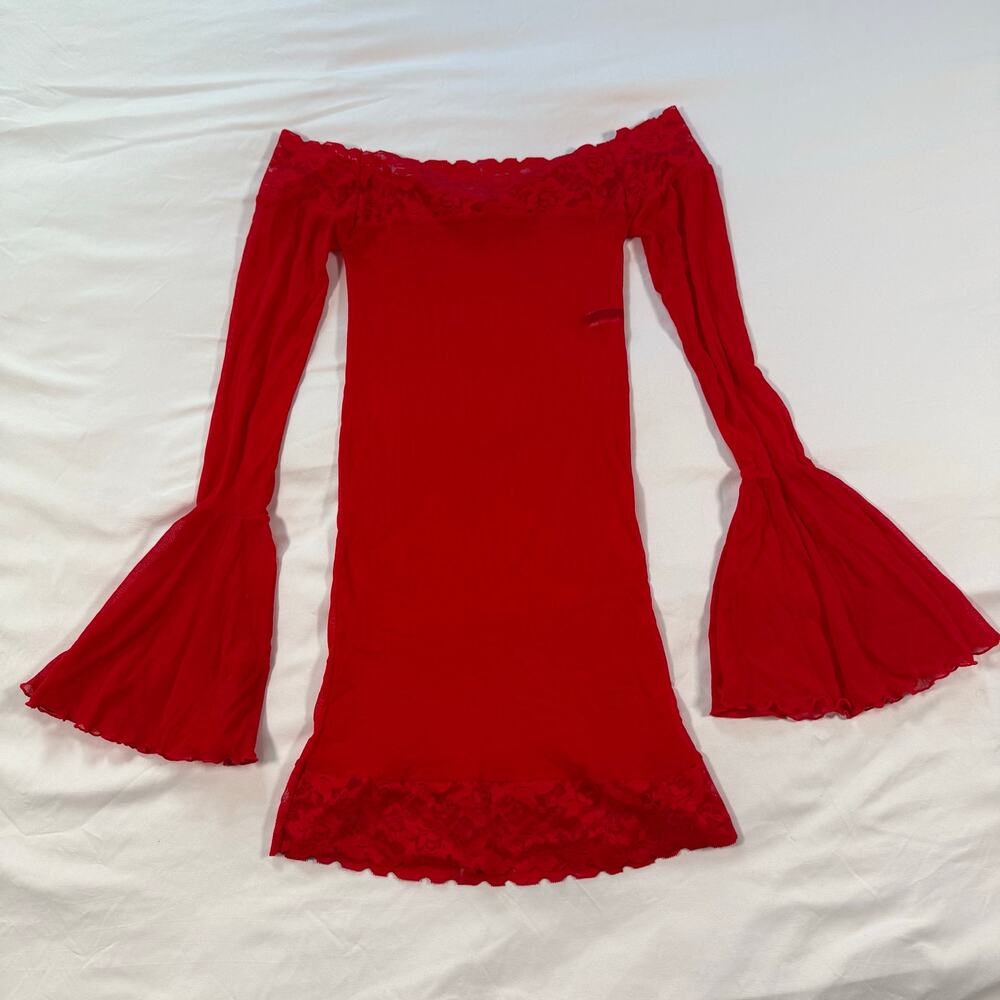 vintage sheer lace red off shoulder mini dress bell sleeves on size